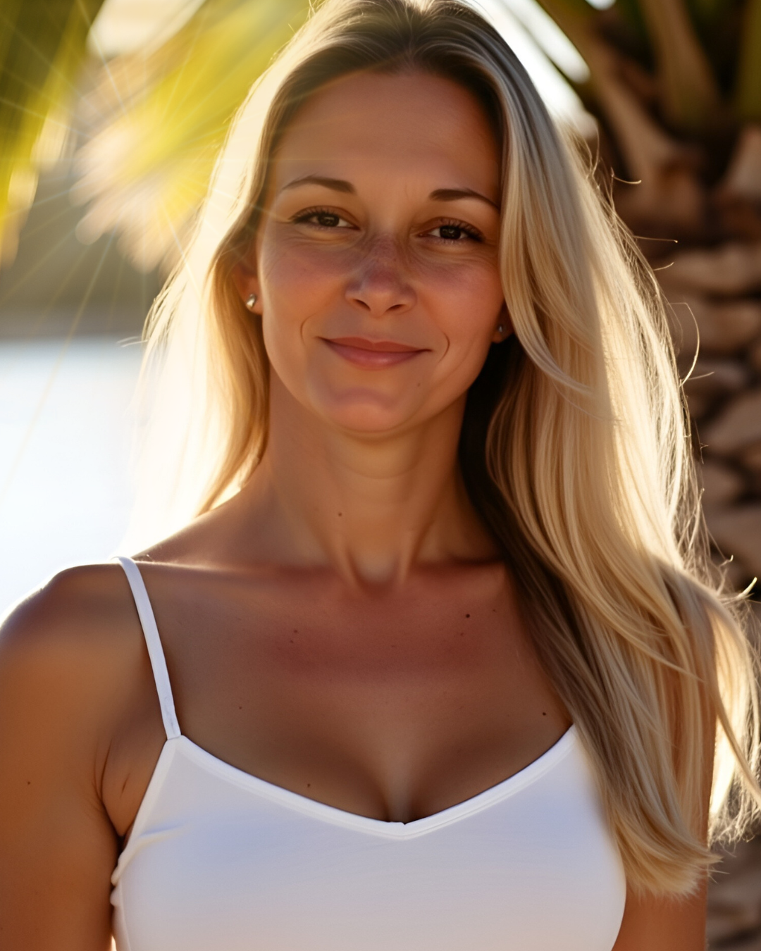Woman with blonde hair wearing a white top against a blurred natural background